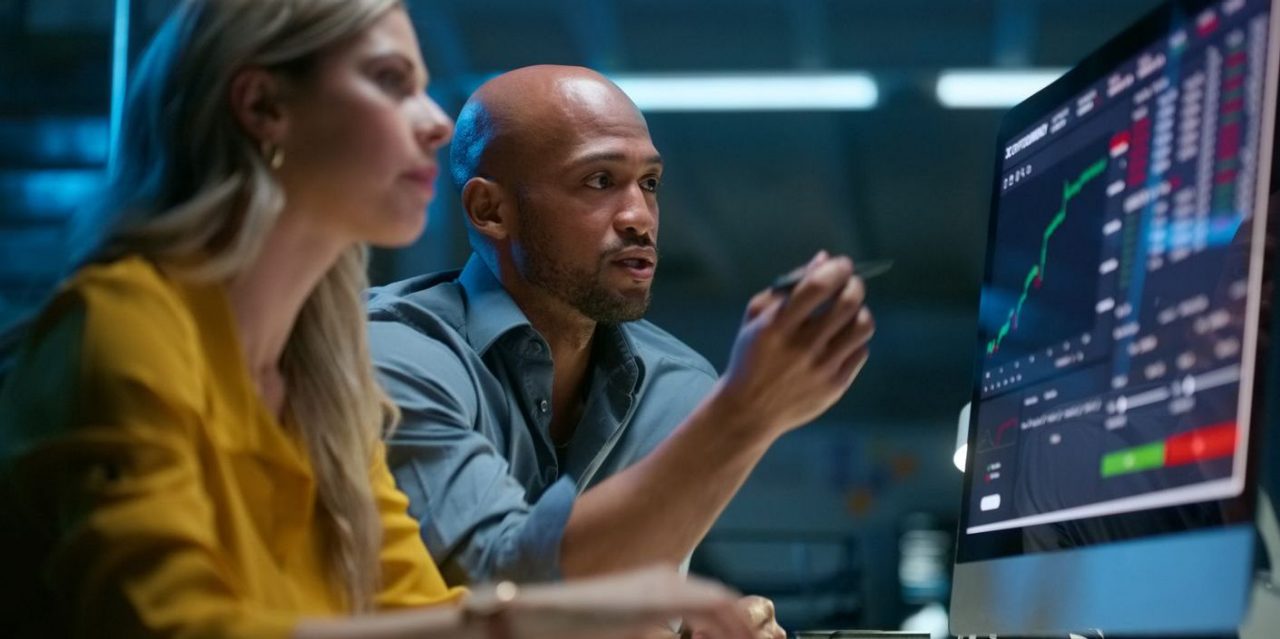 Two financial professionals analyzing market data on a screen