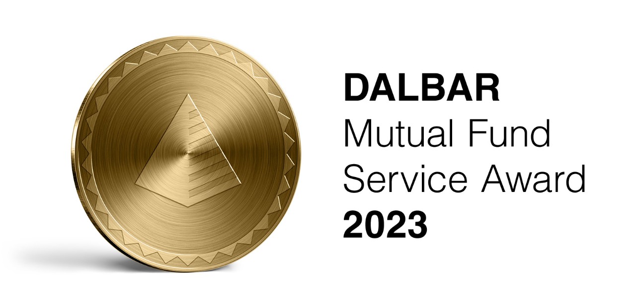 Three-dimensional gold coin logo for the 2023 DALBAR Mutual Fund Service Award